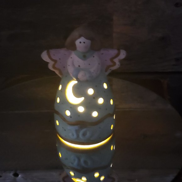 Joy Ceramic Angel Tealight Candle Cover - Pastel Pink and Green.  Moon and Stars - Picture 1 of 6